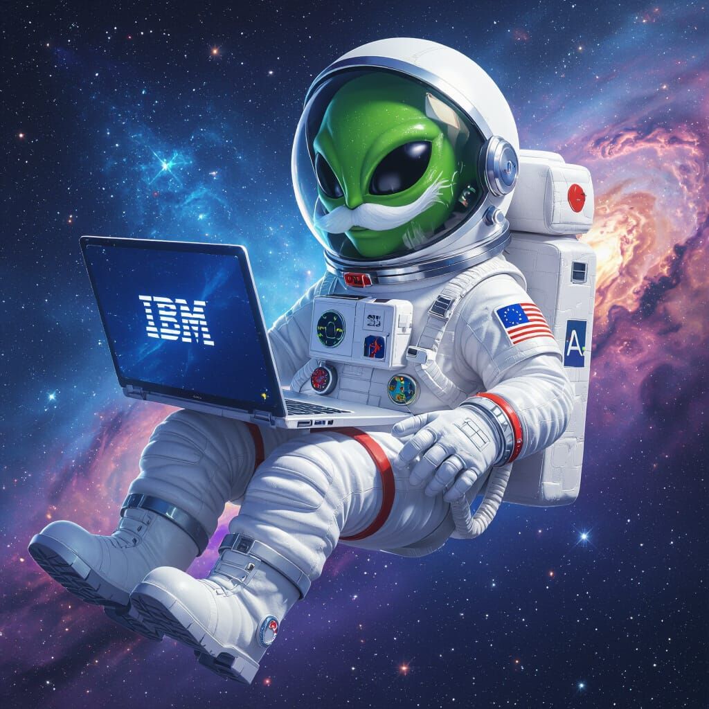 Monopoly Man Alien Floating in Space with Laptop