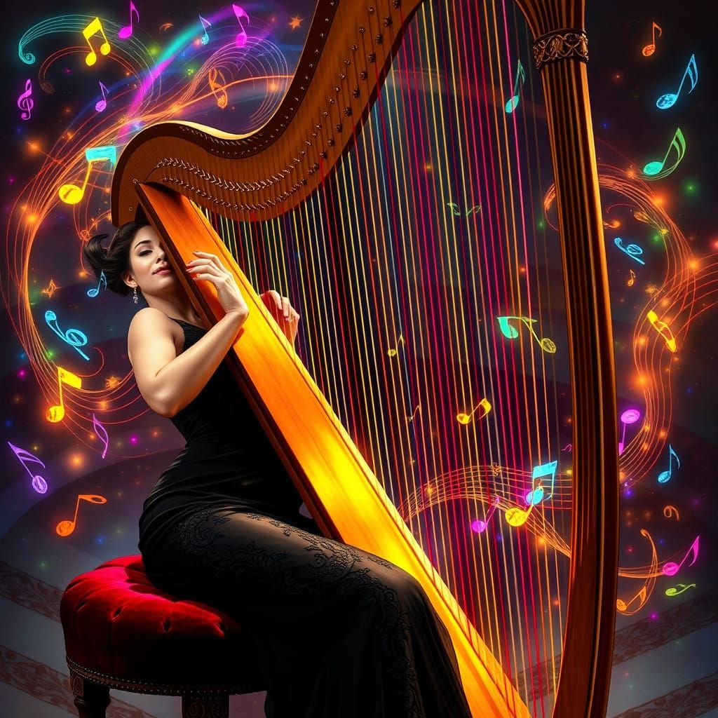 Ethereal Harpist in Sultry Black Gown