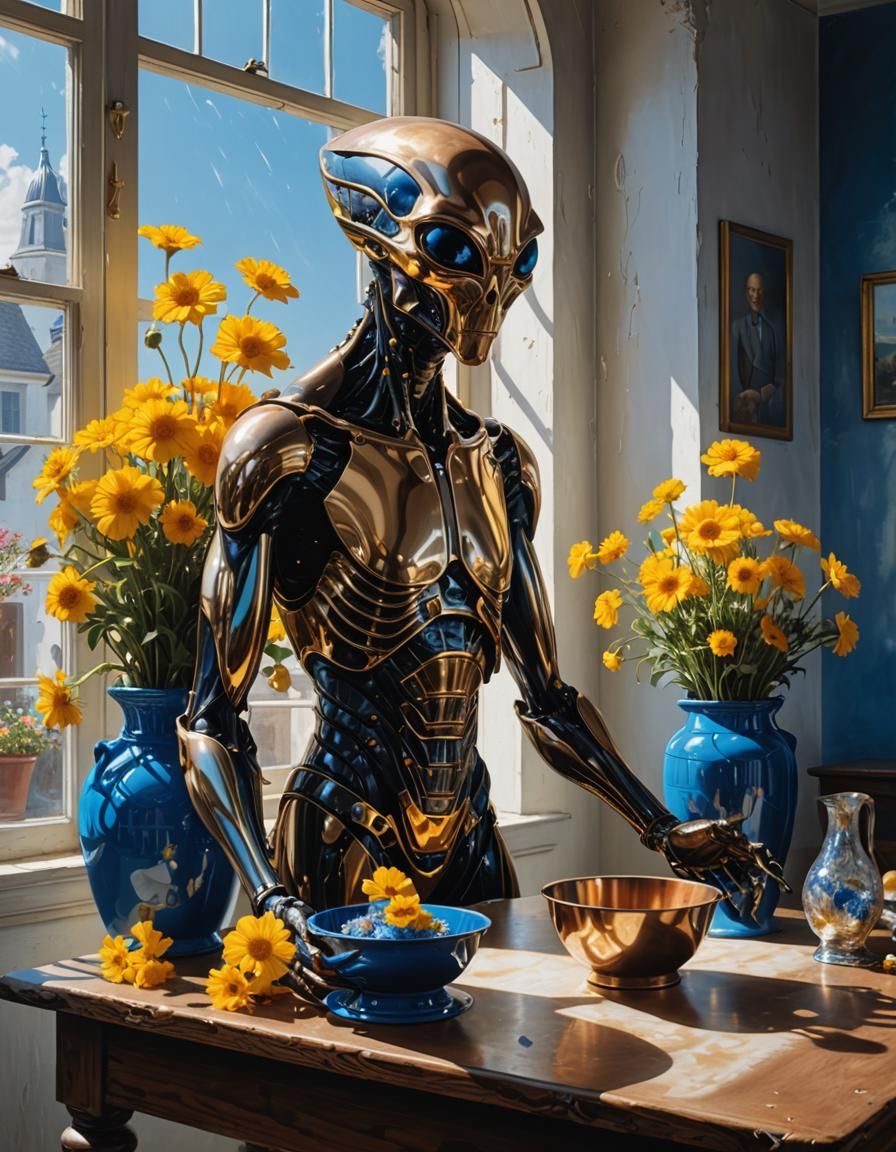 Alien in Flower Shop: Hyper-Realistic Digital Art