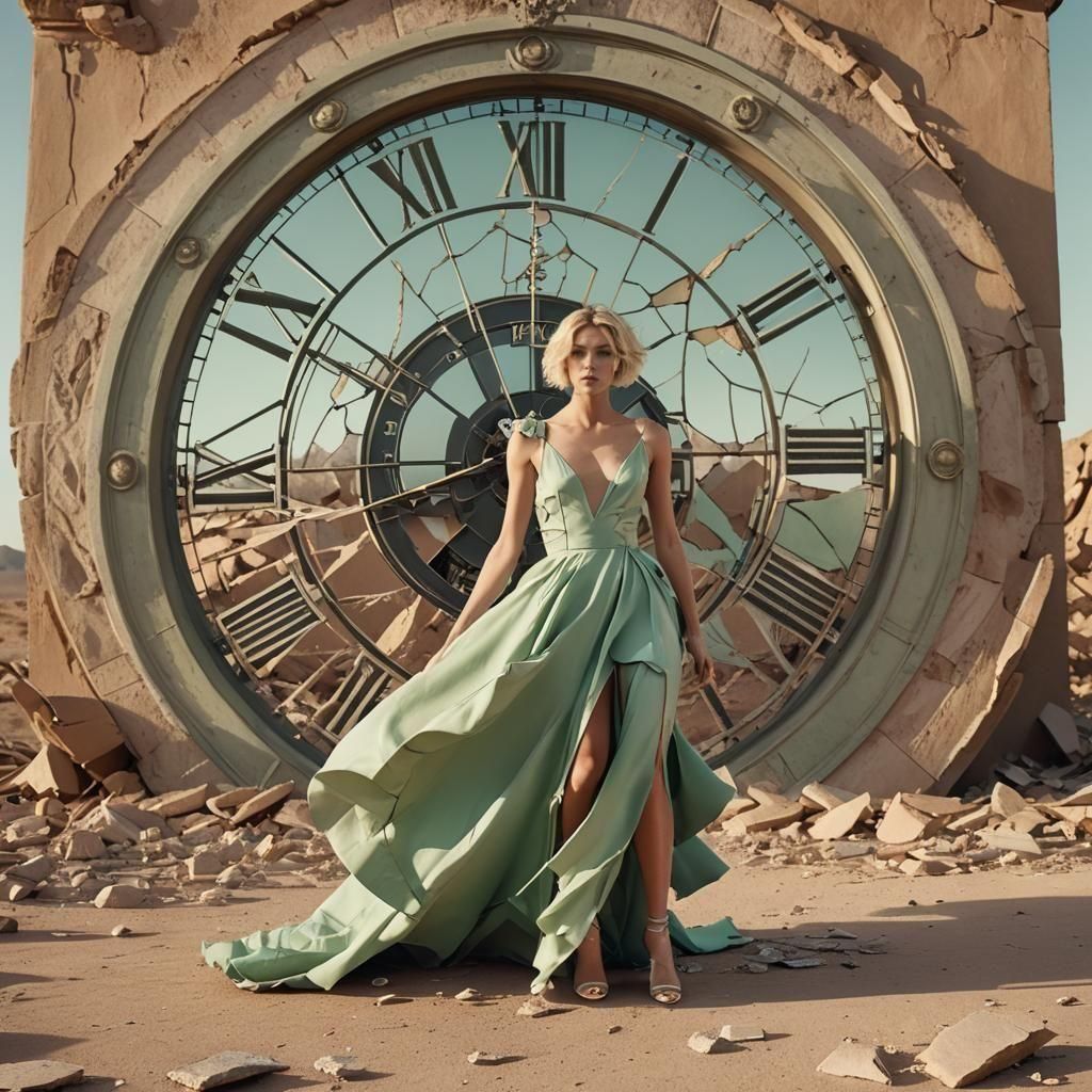 Model in Torn Gown Before Shattered Clock