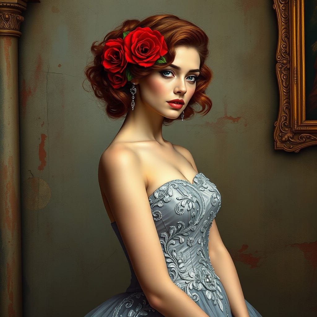 Woman in Vintage Elegance with Red Rose Hairpiece