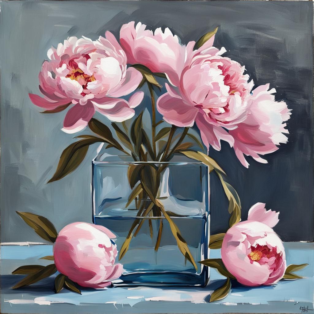 Pink Peonies Still Life in Impressionist Style