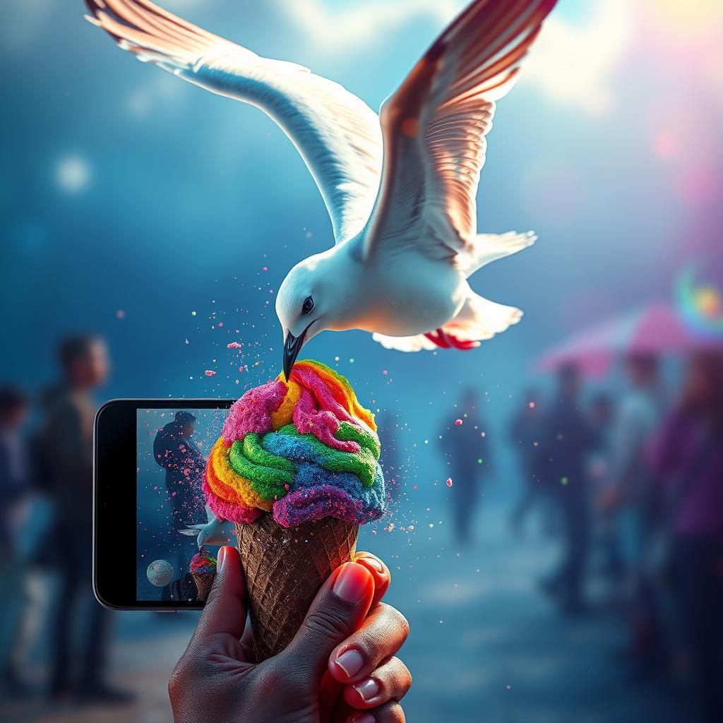 Seagull Steals Rainbow Ice Cream: Detailed Digital Art