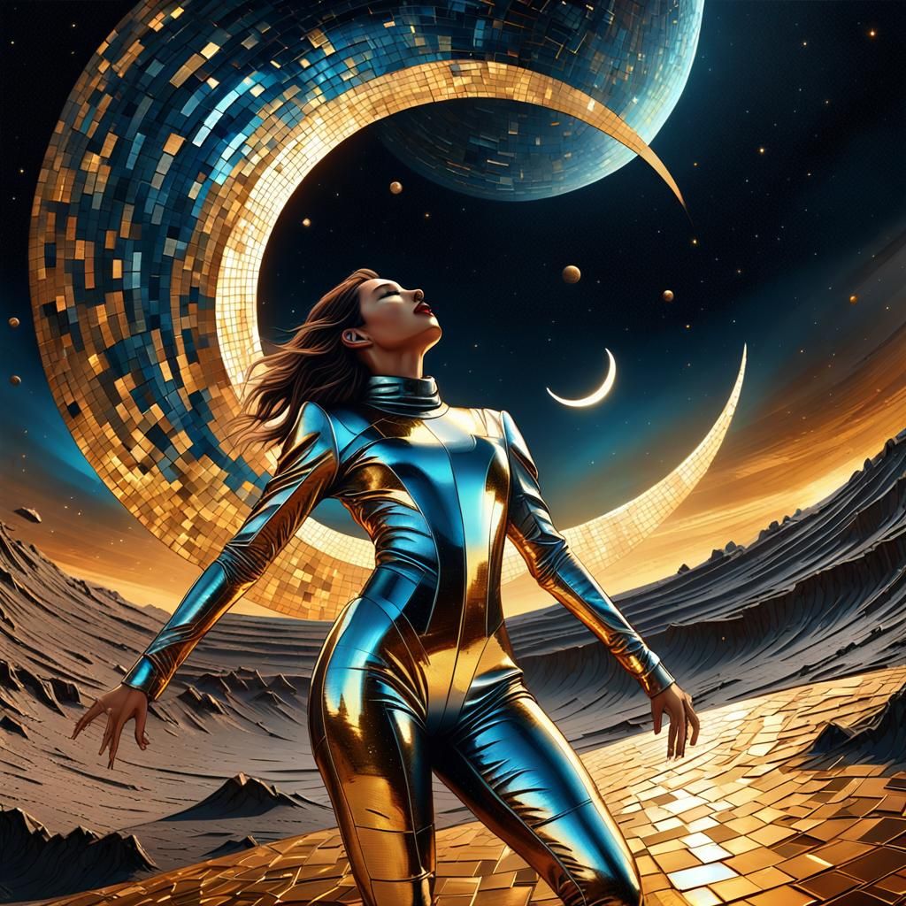 Ethereal Dance Under a Futuristic Crescent Moon