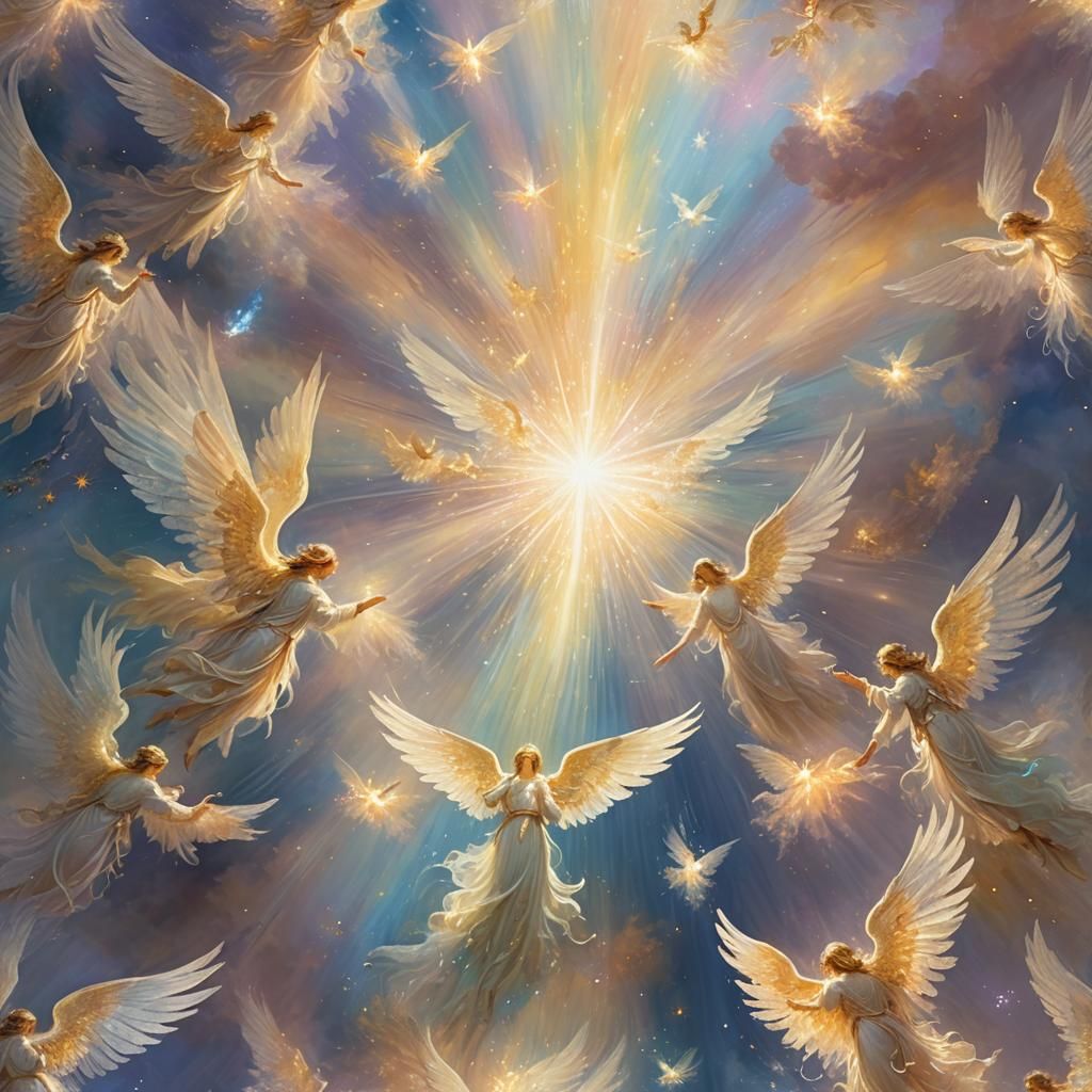 Angels Surrounded by Light in Impressionistic Style