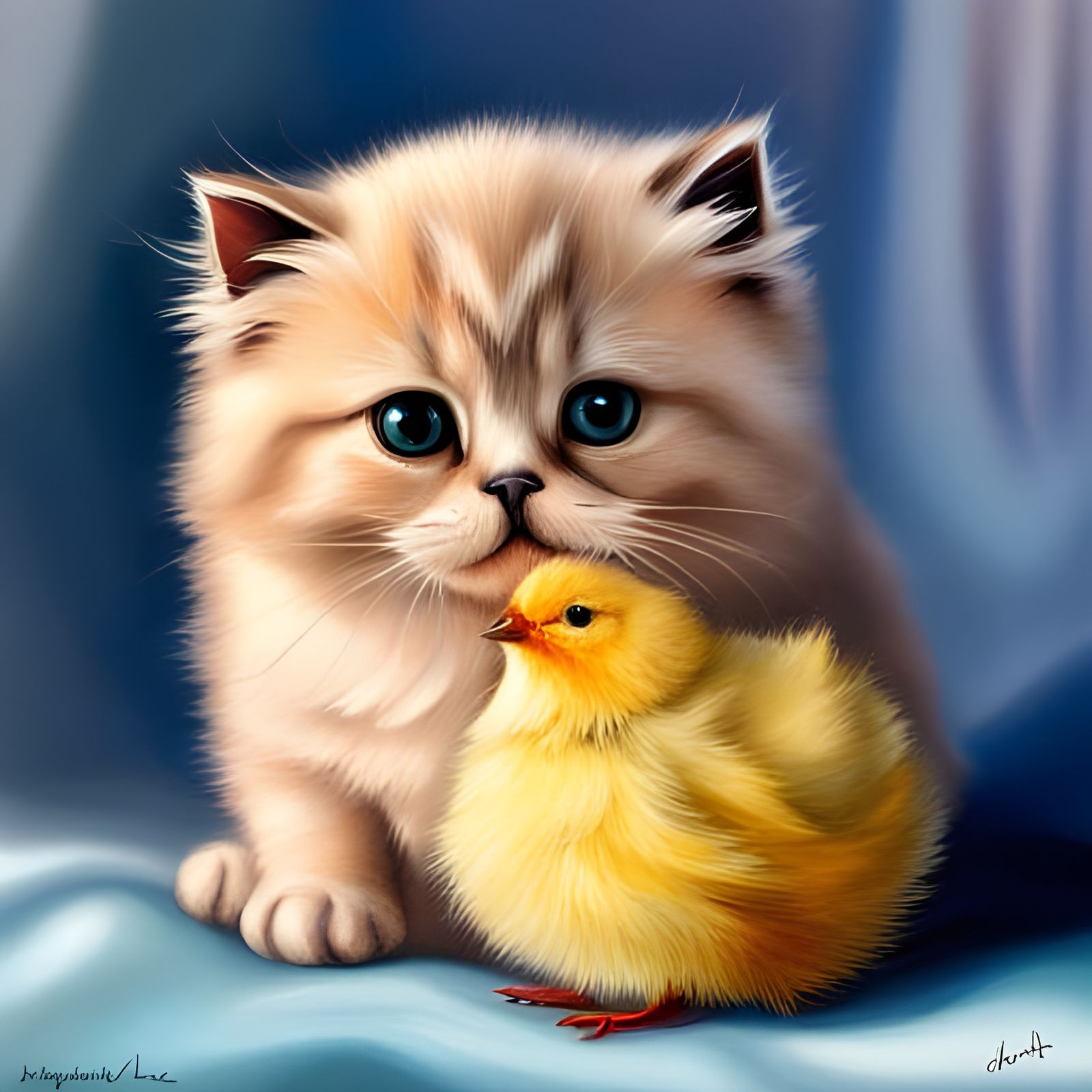 Hyperrealistic Kitten Cuddling Chick in Vivid Color