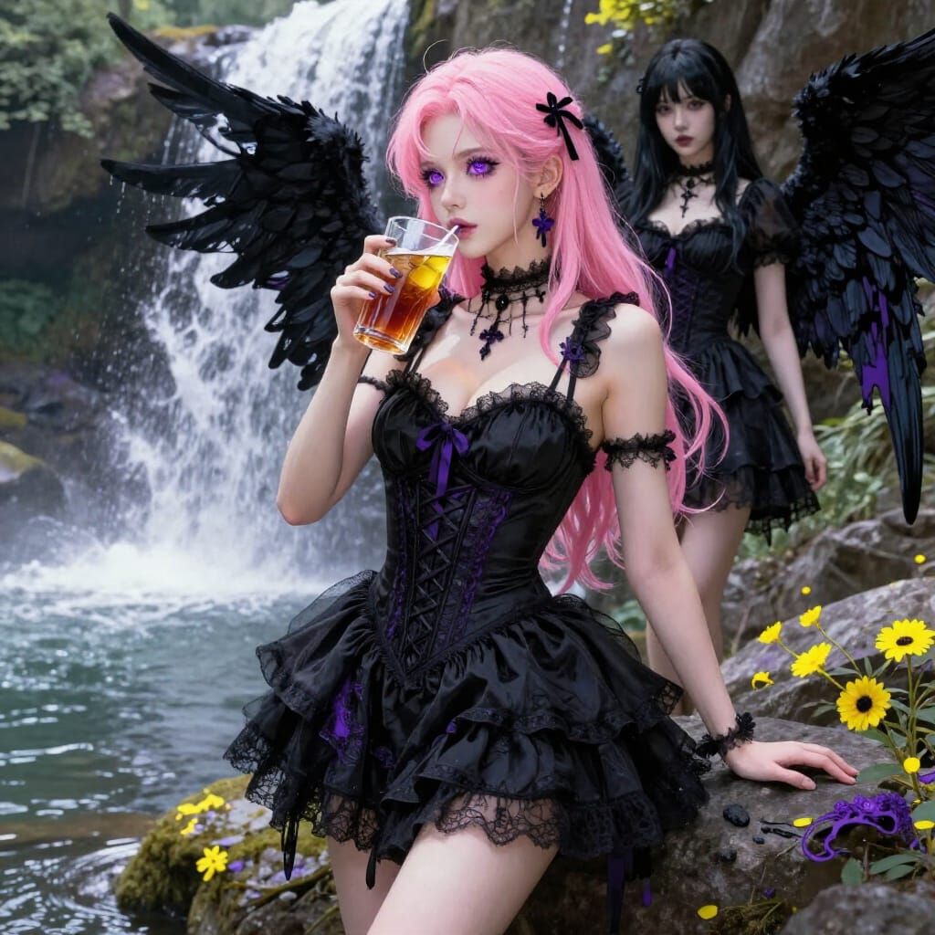 Gothic Angel Women Drinking Iced Tea by Waterfall
