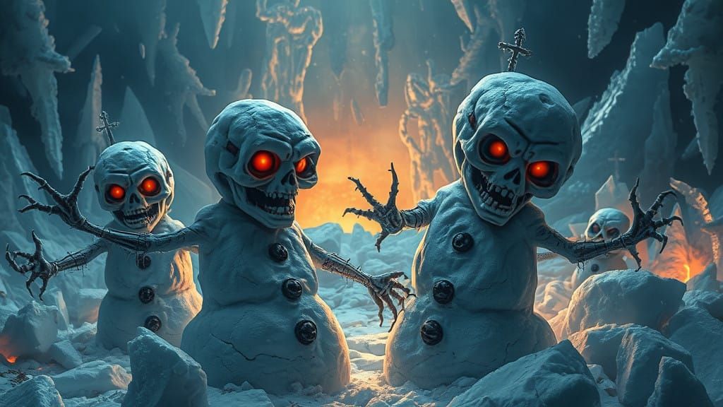 Grotesque Snowman Sculptures in Dark, Biomechanical Surreali...