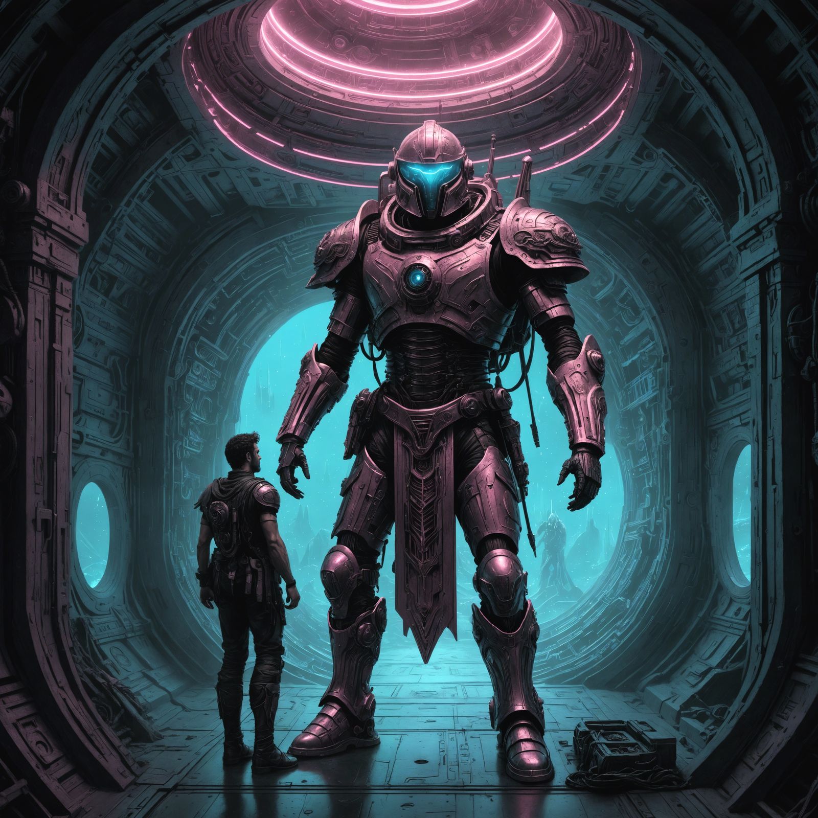 Greek Warrior on Alien Spaceship: Retro Sci-Fi Art