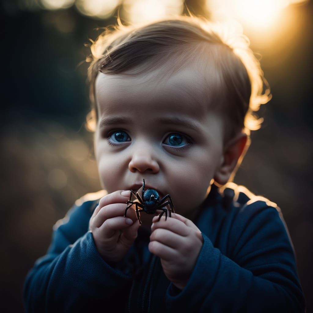 Cinematic Baby Devours Spider in Golden Hour