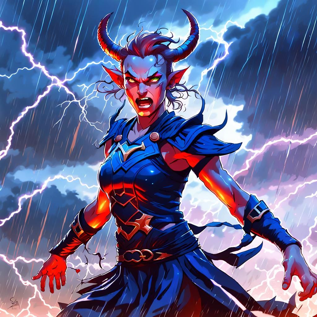 Furious Elf Demon in a Violent Digital Storm