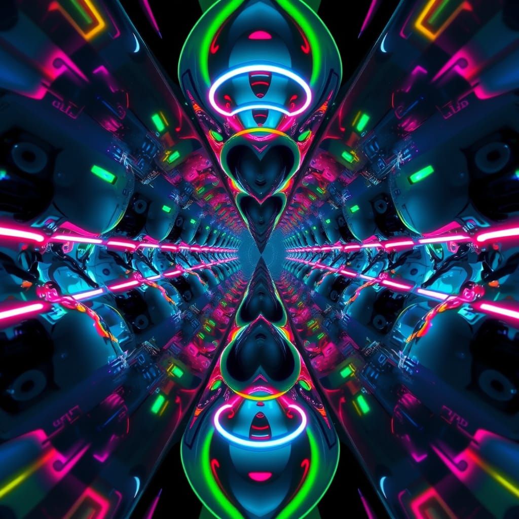 Kaleidoscopic Robots in Mirrored Neon Tunnel