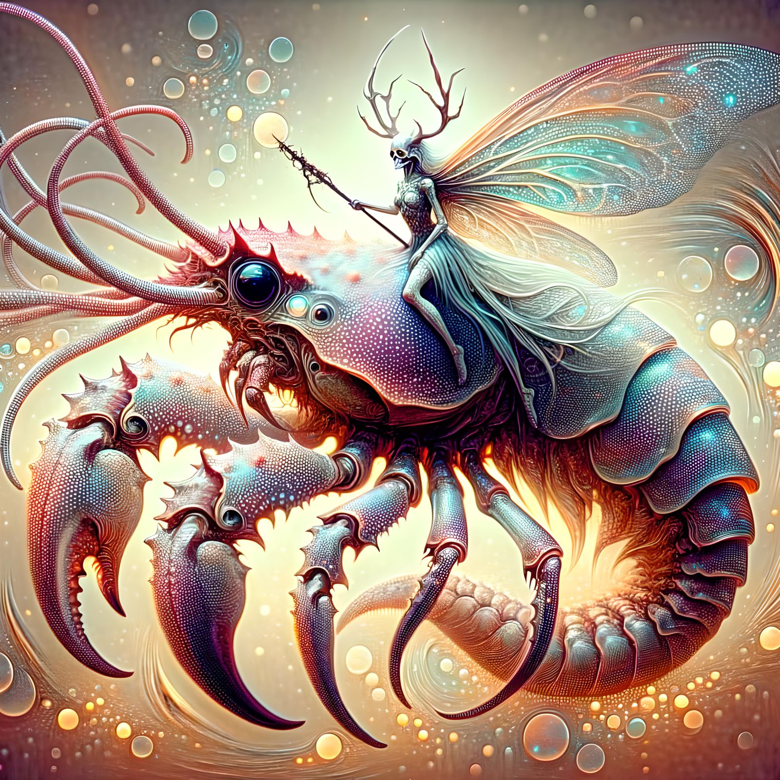 Eldritch Fairy Rides Bioluminescent Crab-Squid Mount