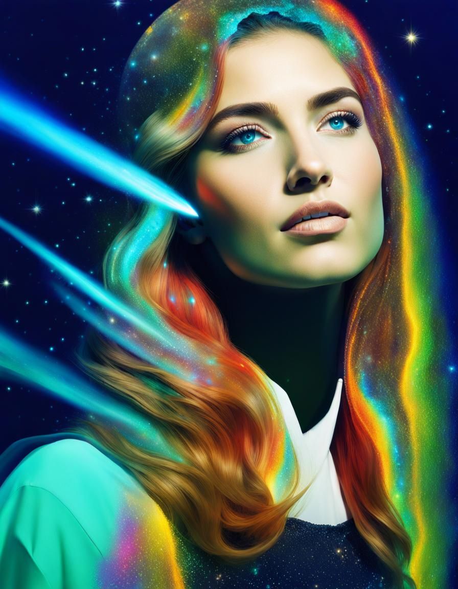 Woman's Portrait with Cosmic Waterfall Overlay