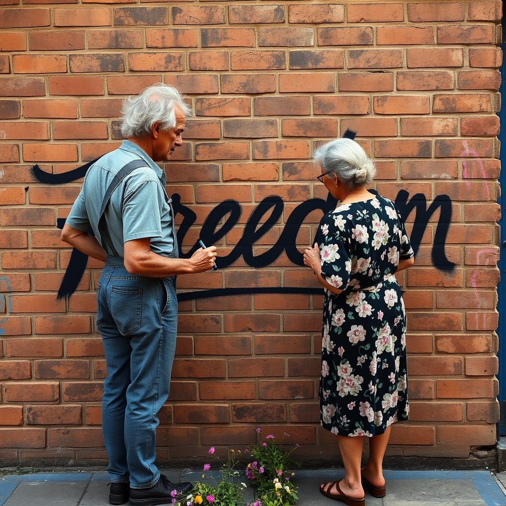 Elderly Couple Embracing Freedom with Cursive Brushstrokes