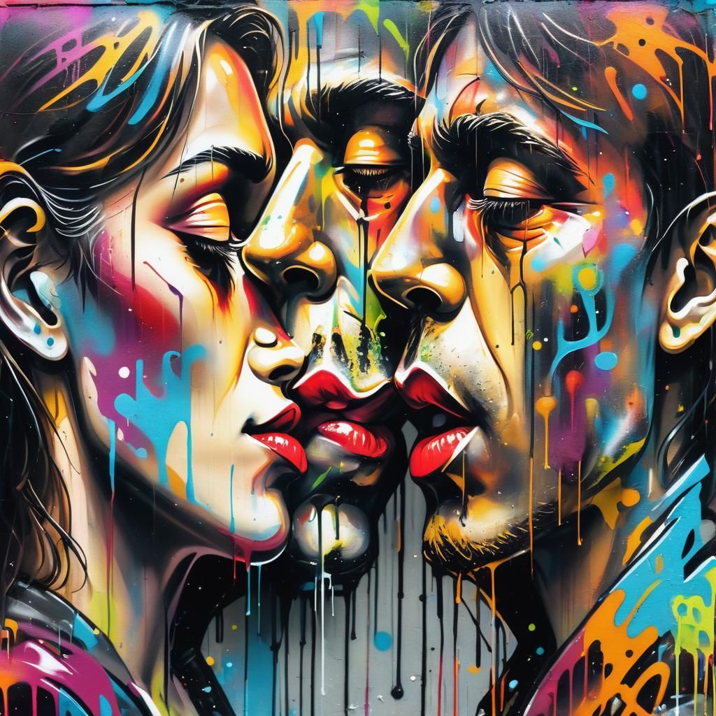 Graffiti Art of Kissing in City Alleyway