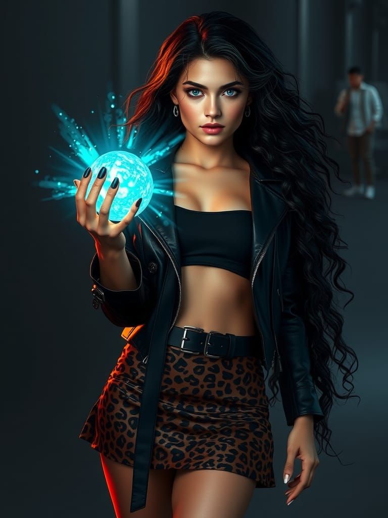 Woman with Turquoise Orb in Hyper-Realistic Style