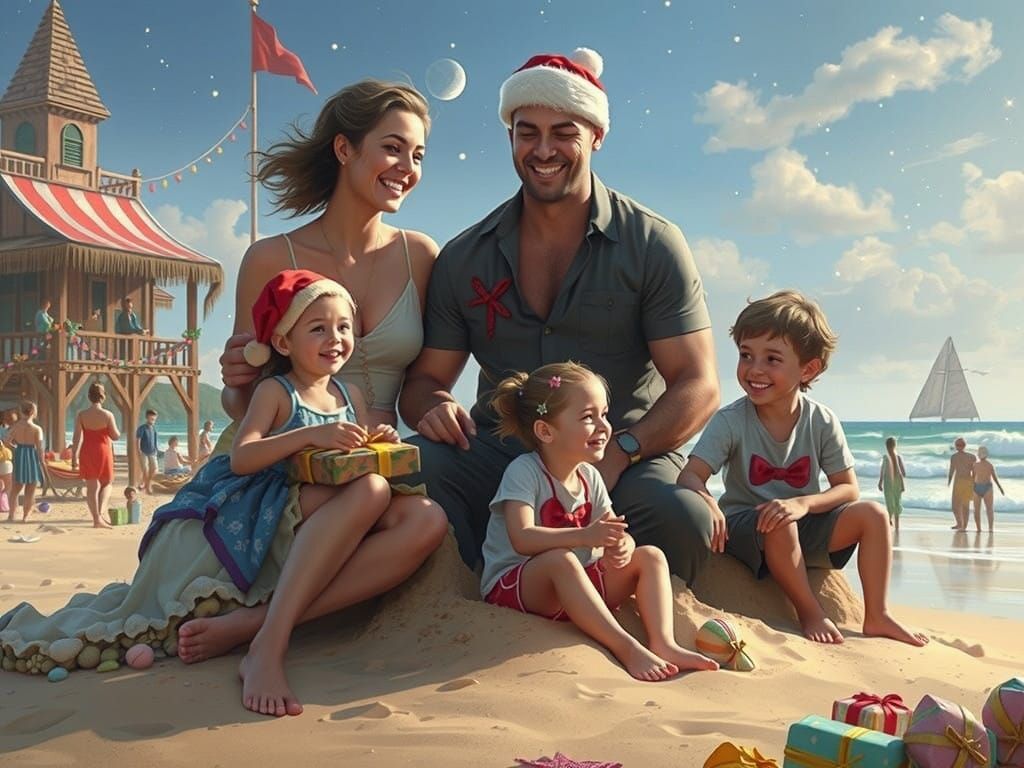 Joyful Family Beach Christmas Scene