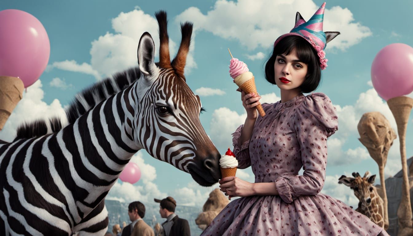 Woman and Zebra Giraffe Hybrid with Ice Cream