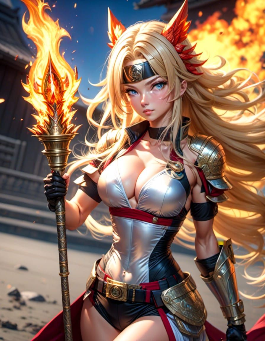 Blonde Warrior with Flaming Torch Portrait