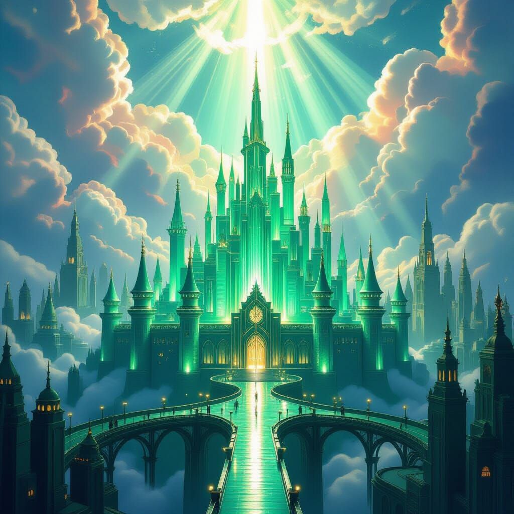 Dazzling Emerald City Aerial View in Art Deco Style