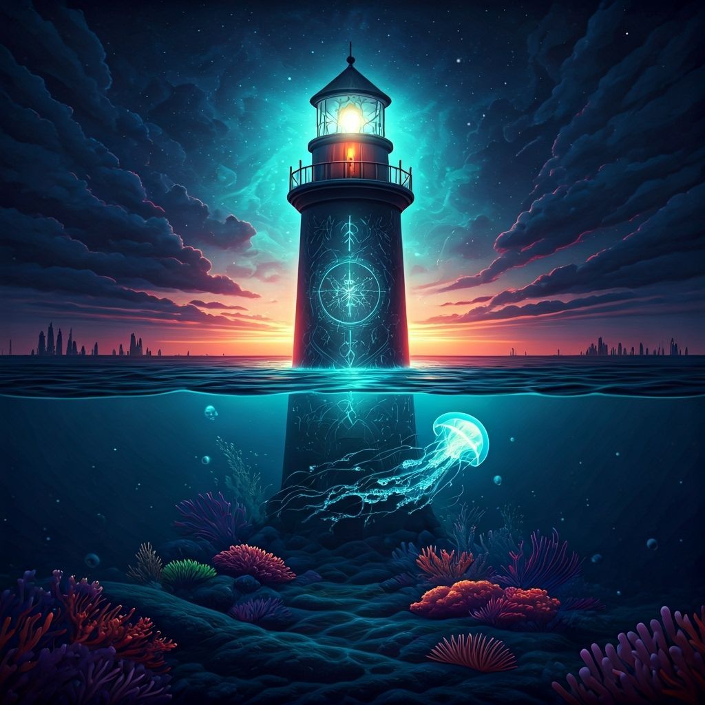 Bioluminescent Lighthouse Guiding Jellyfish, Digital Art