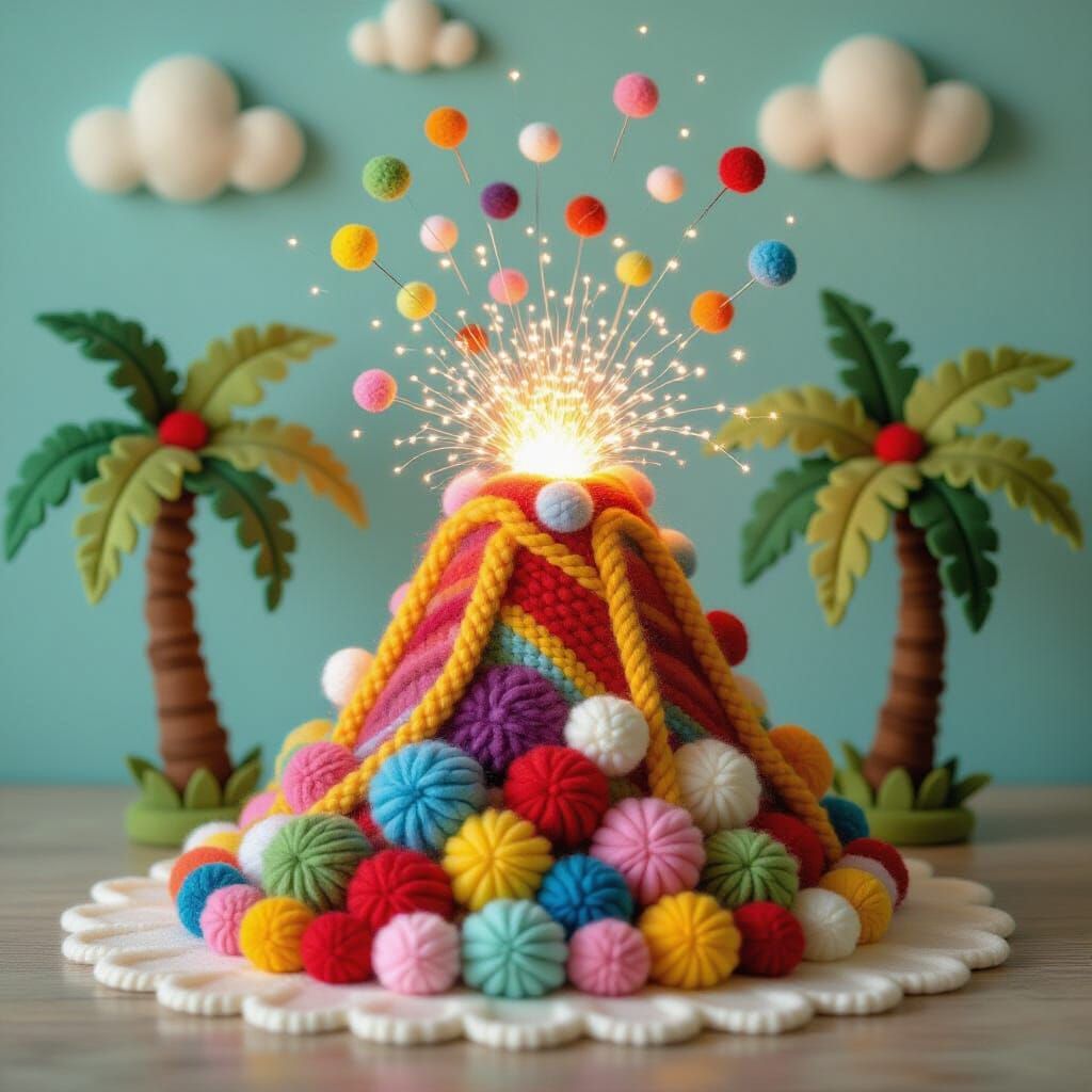 Yarn Volcano Eruption in Whimsical Style