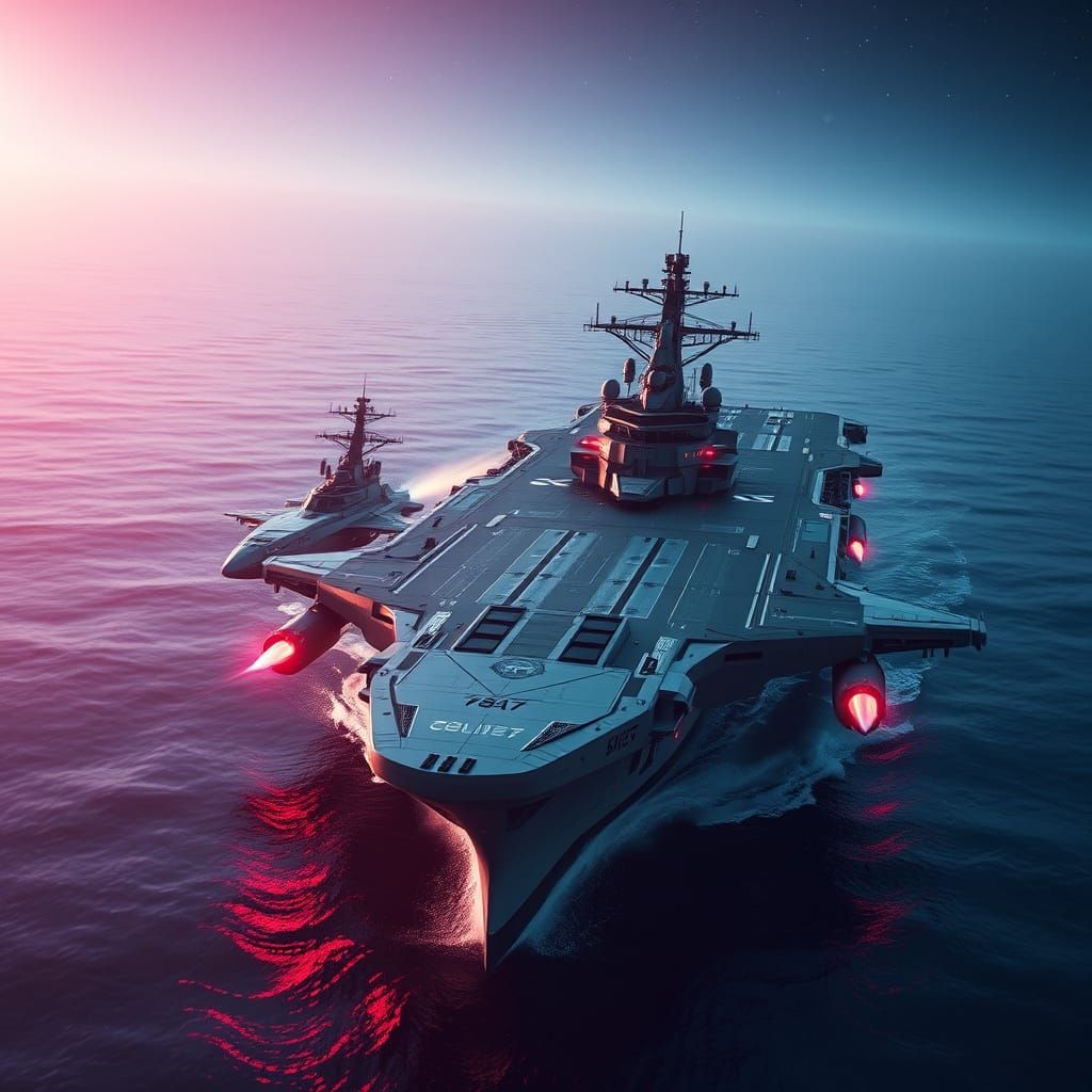 Futuristic Naval Aircraft Carrier in Battle