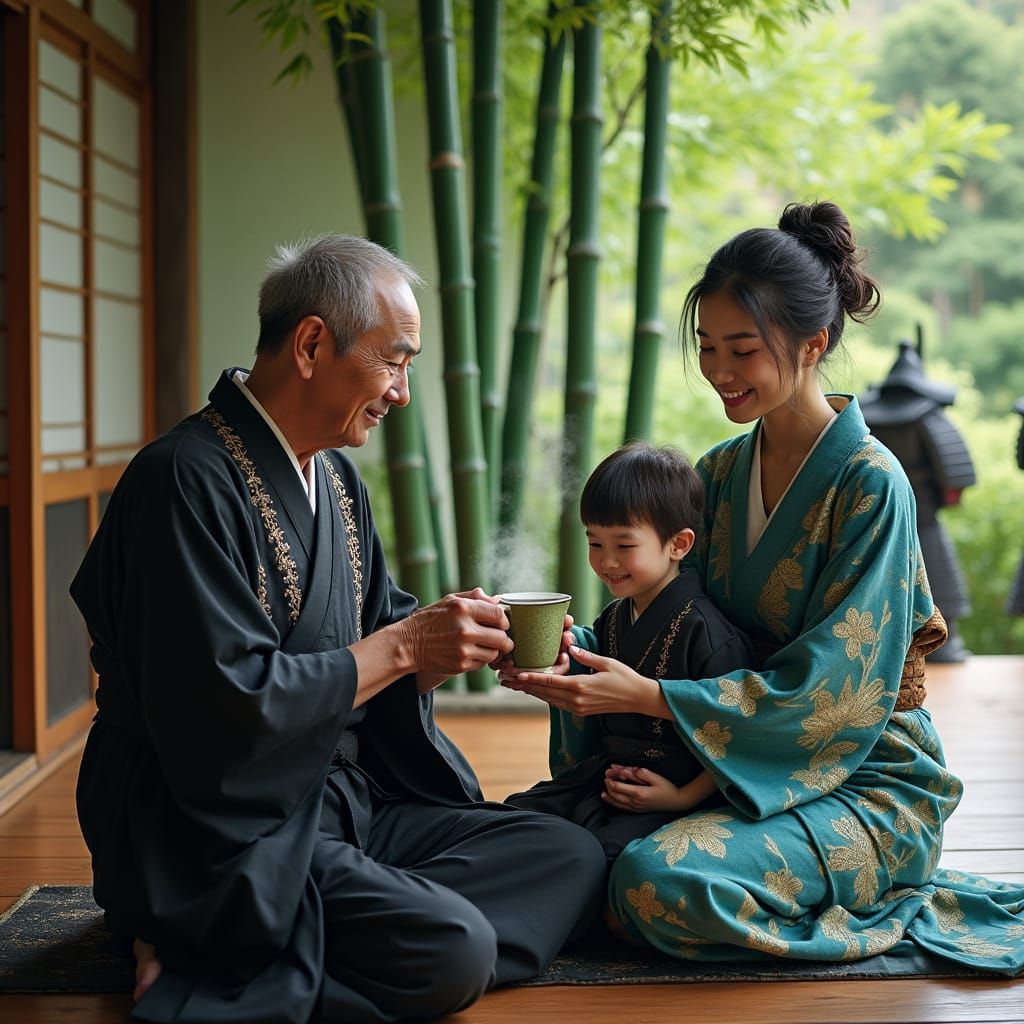 Dignified Japanese Shogun Receives Tea in a Serene Shinto Te...