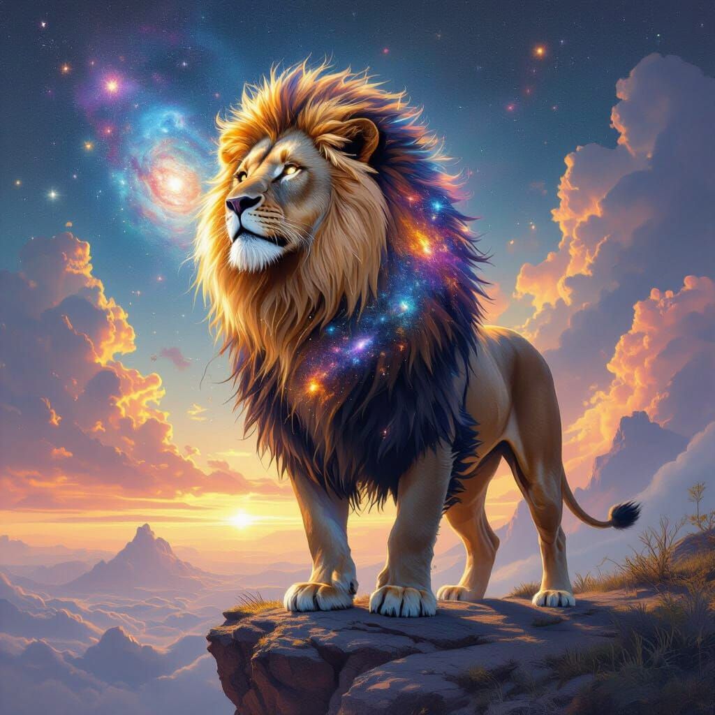 Cosmic Lion Overlooking Starry Cosmos in Hyperrealism