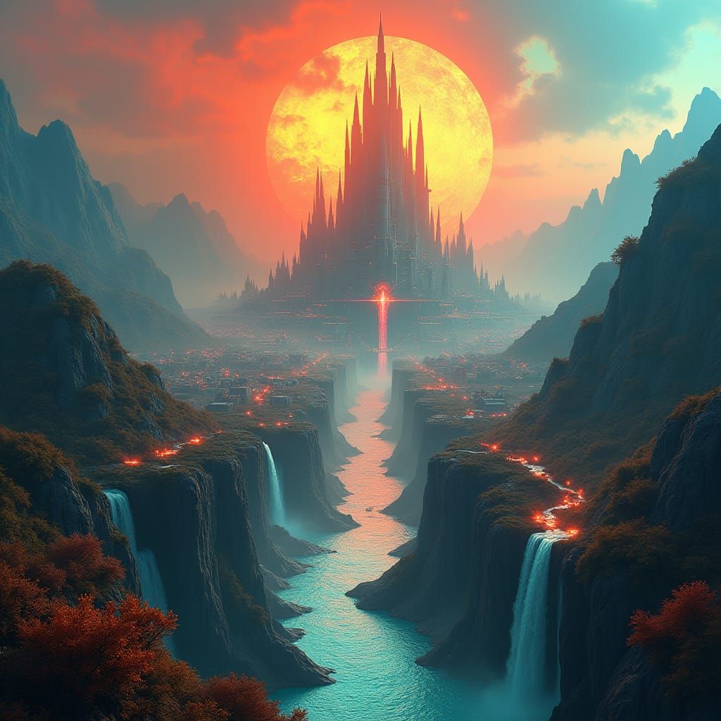 Ethereal Cityscape of Converging Elemental Forces