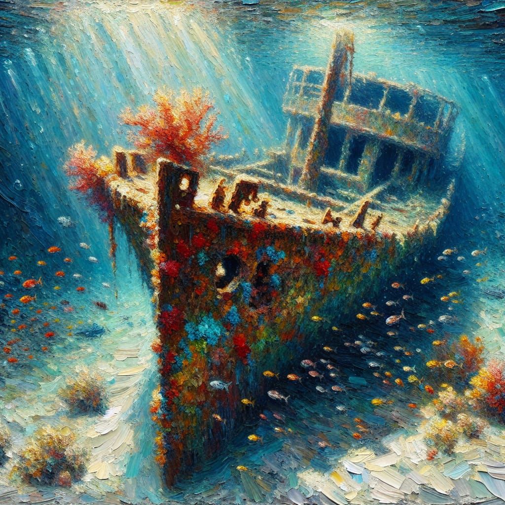 Underwater Shipwreck Impasto Painting with Coral