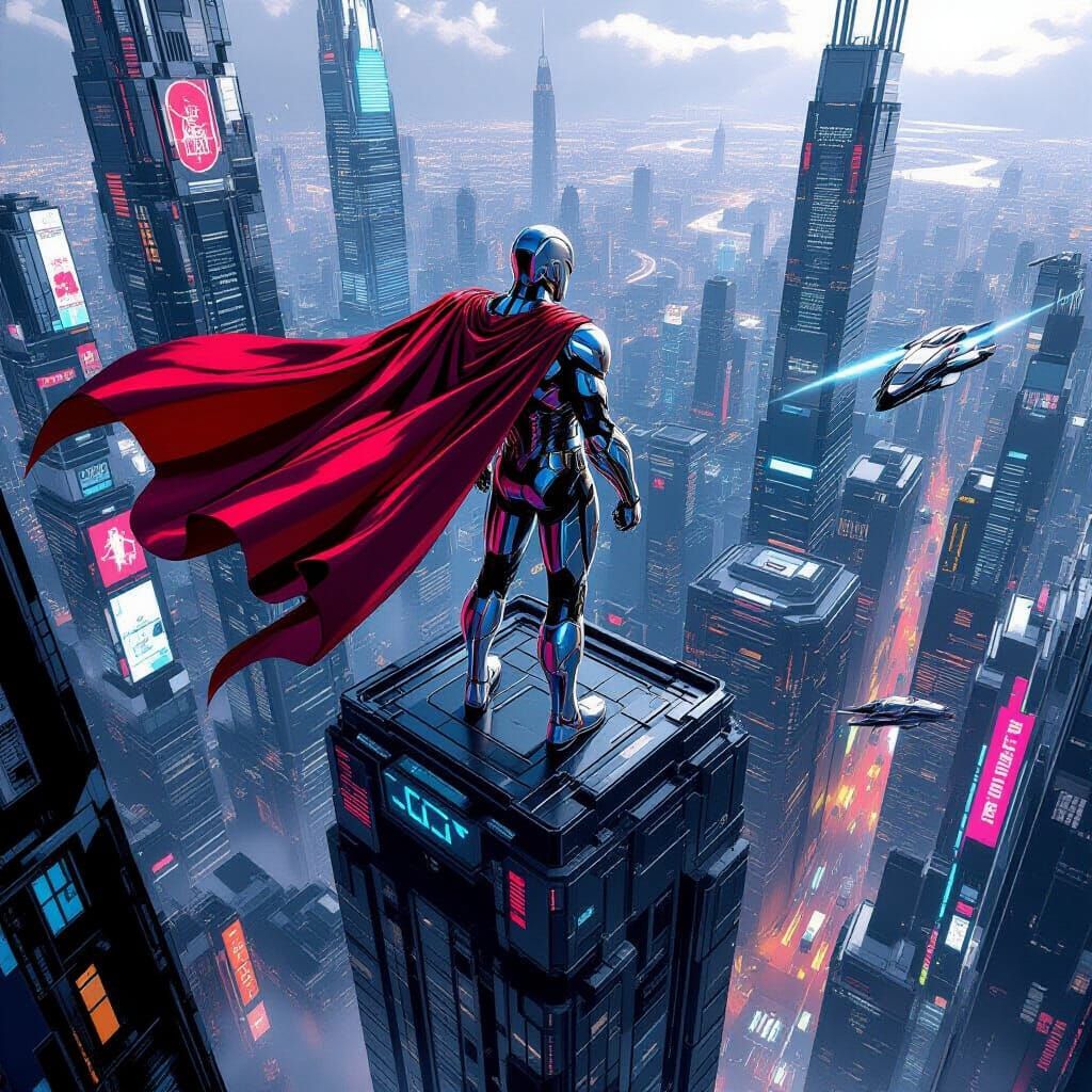 Metallic Superhero Over Futuristic Cityscape in Comic Style