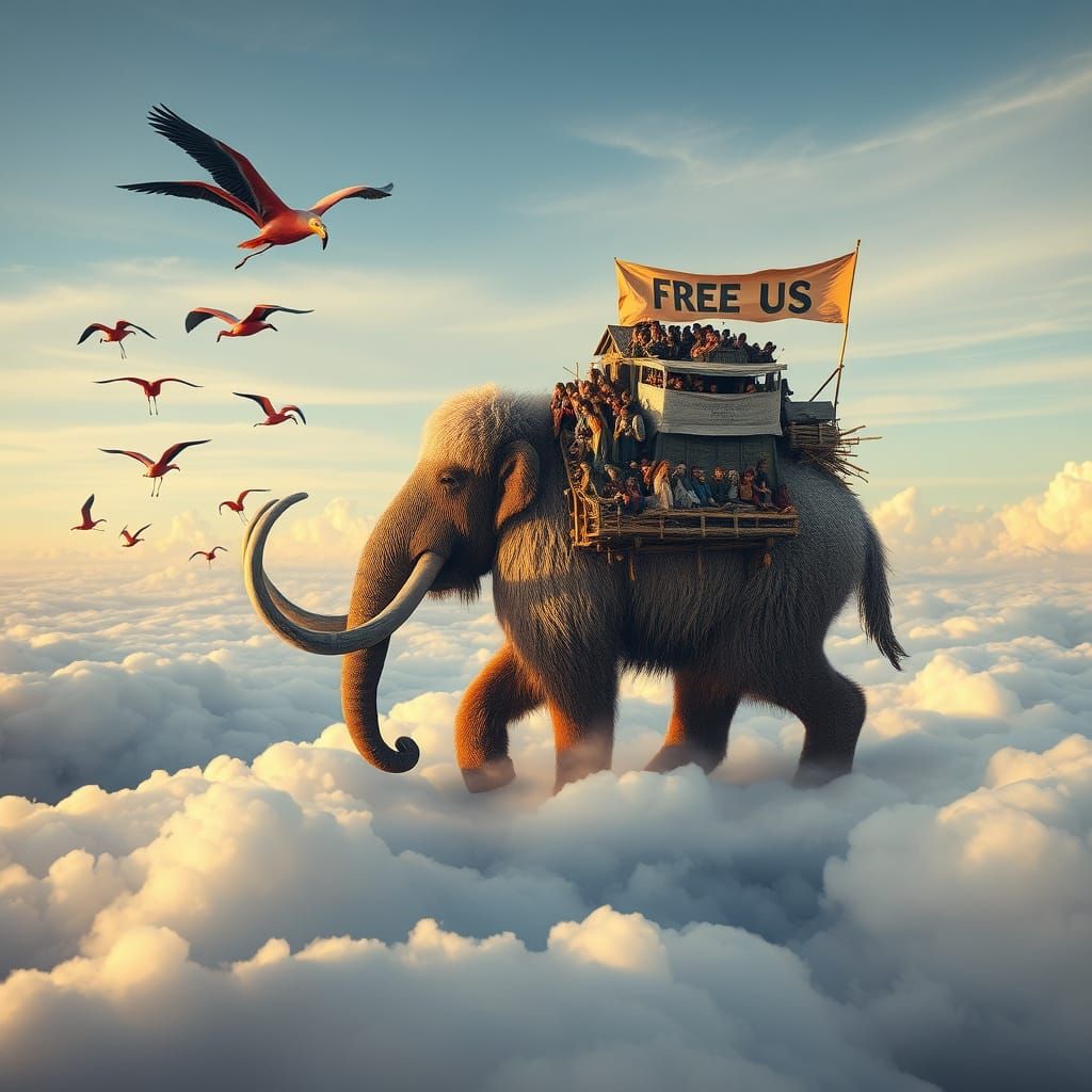 Giant Woolly Mammoth Transports Refugees Across Cloudy Skies