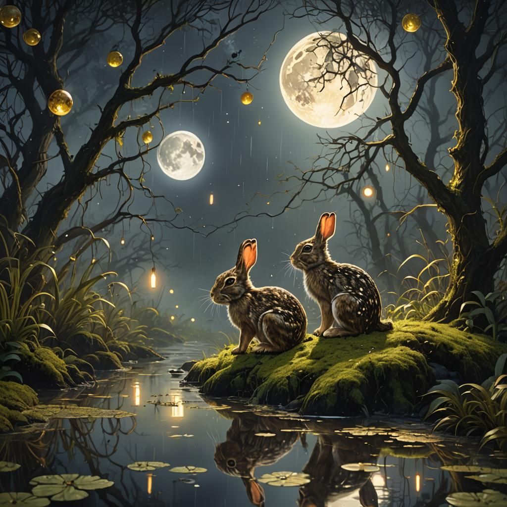 Magical Speckled Rabbits in Moonlit Swamp