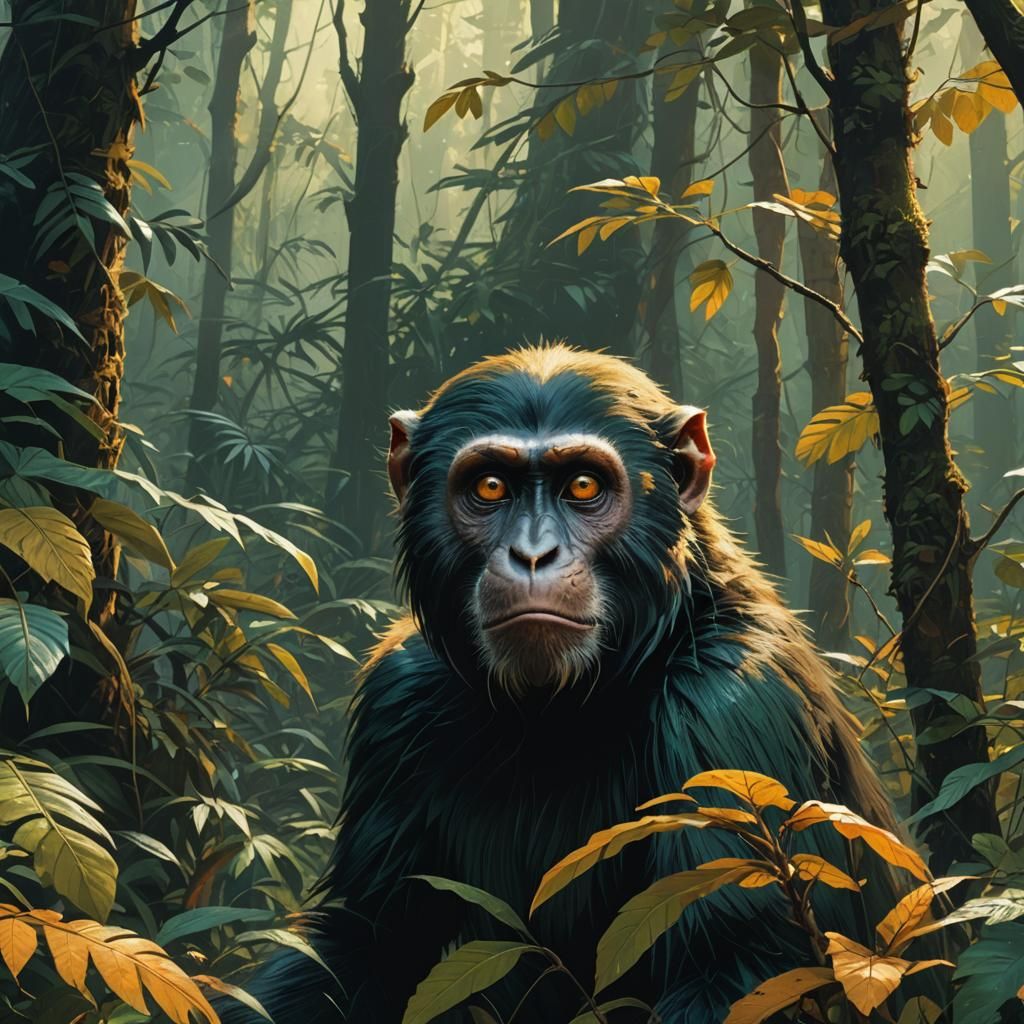 Golden-Eyed Primate Hunting in Jungle Shadows