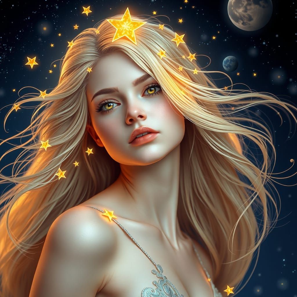 Celestial Woman: Hair of Stars in Fantasy Portrait