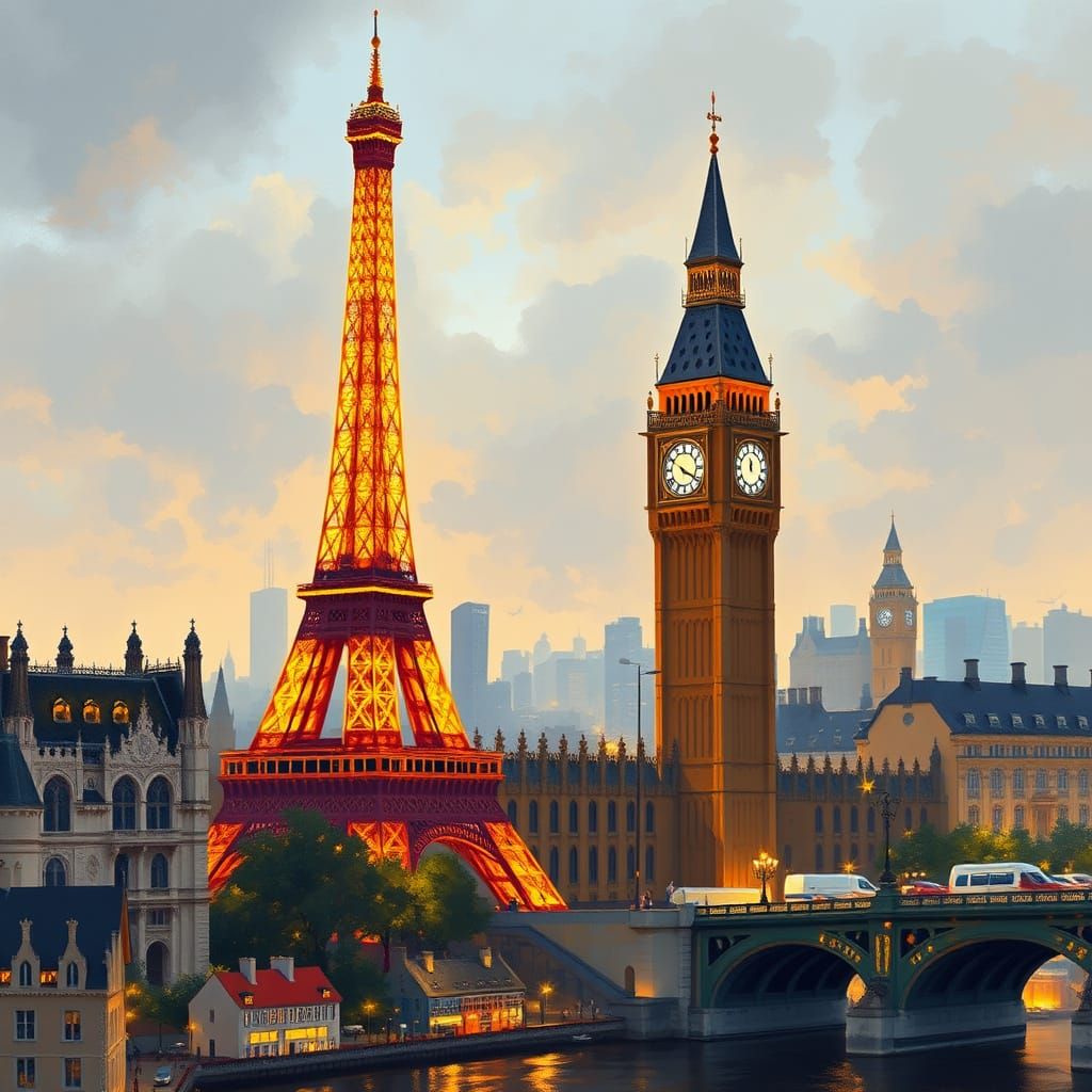 Eiffel Tower and Big Ben in Impressionist Cityscape