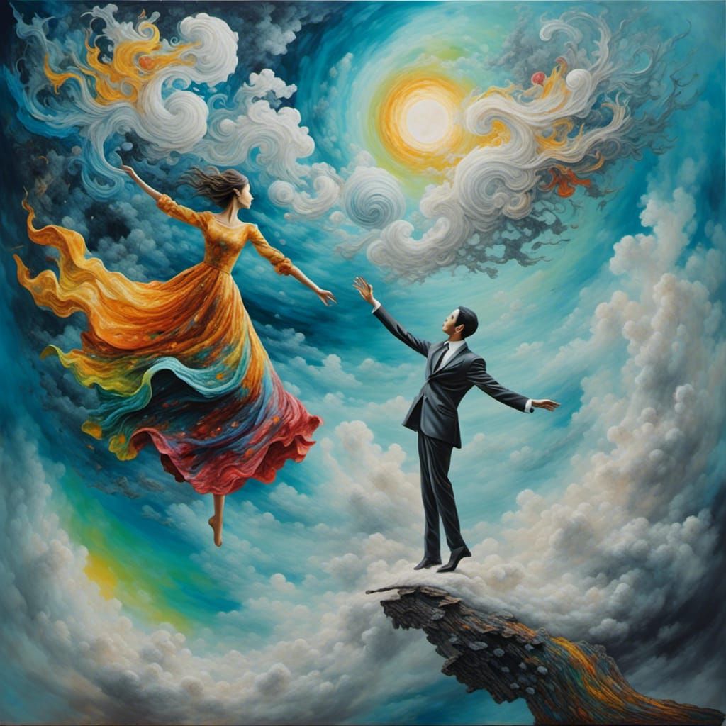 Connecting Figures in Surrealist Dreamscape