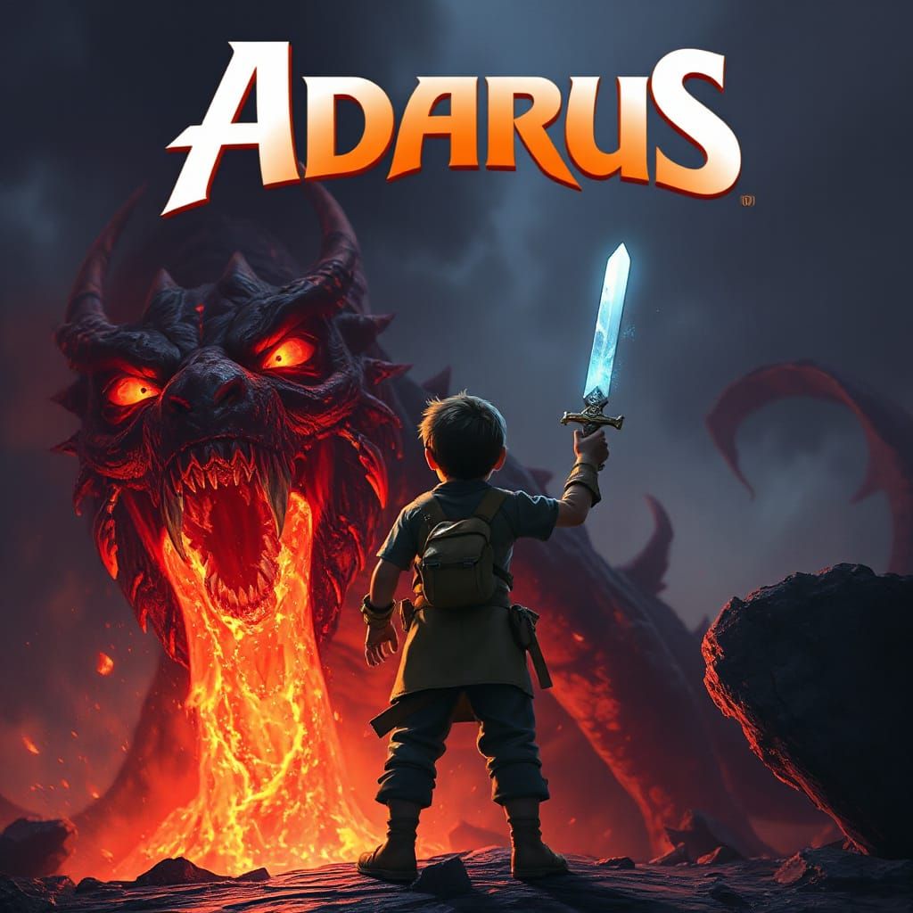 Young Hero Confronts Lava Monster in Dark Landscape