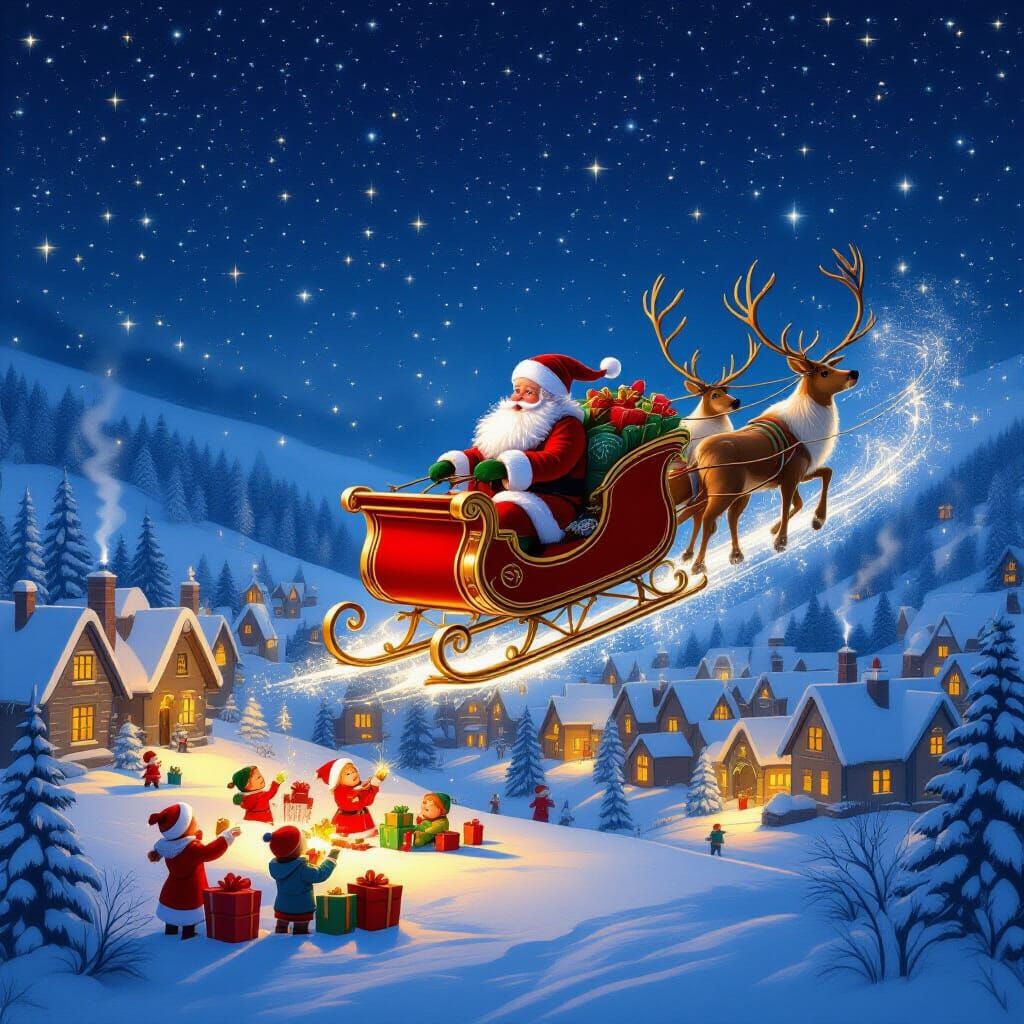 Santa's Sleigh Flies Over Festive Village at Night