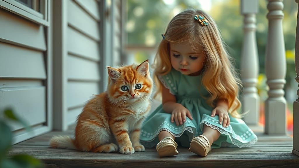 Girl and Kitten on Porch: Fantasy Matte Painting