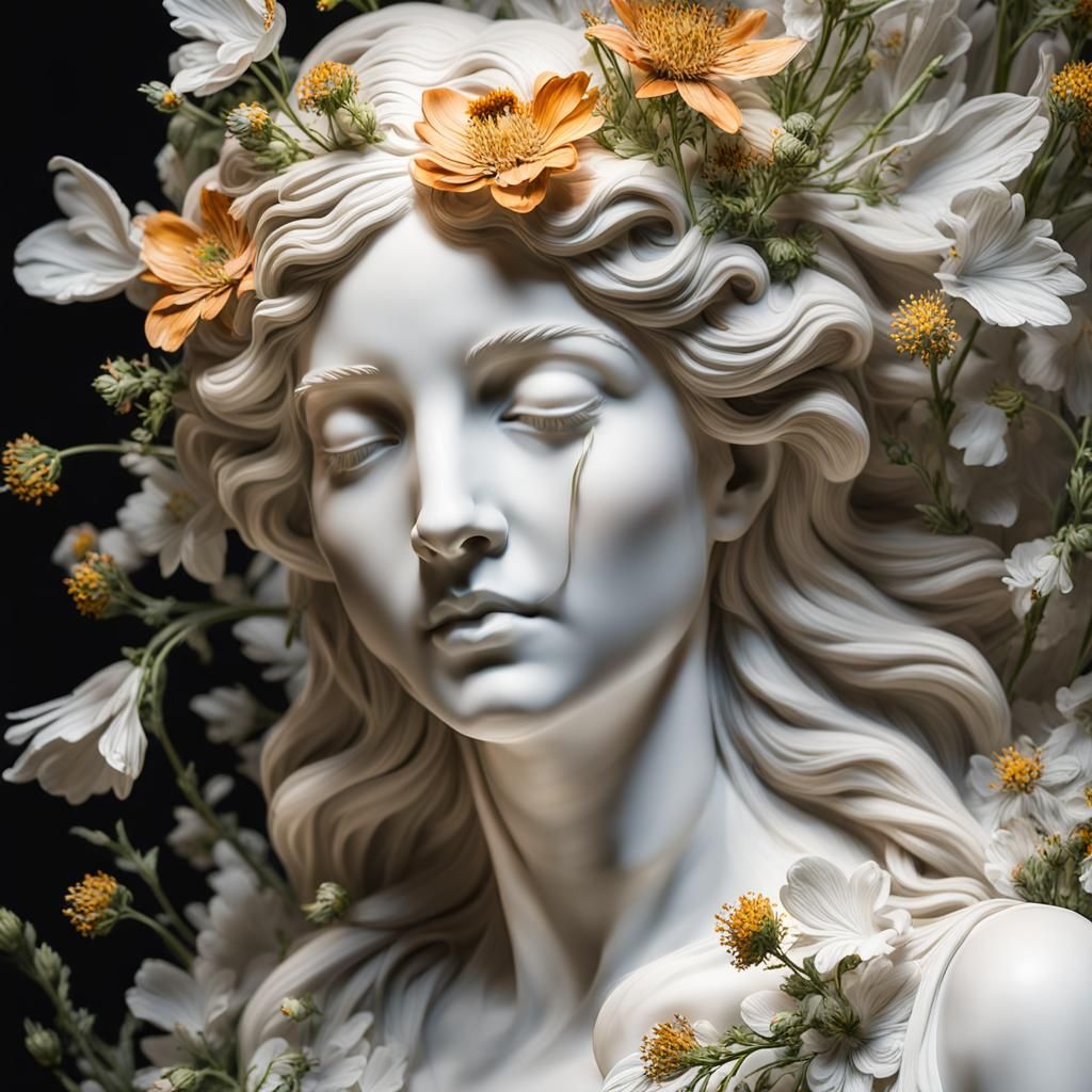 flawless marble sculpture of a beautiful Spring fairy face with windblown hair:2.0), lush wildflowers, museum lighting, ...
