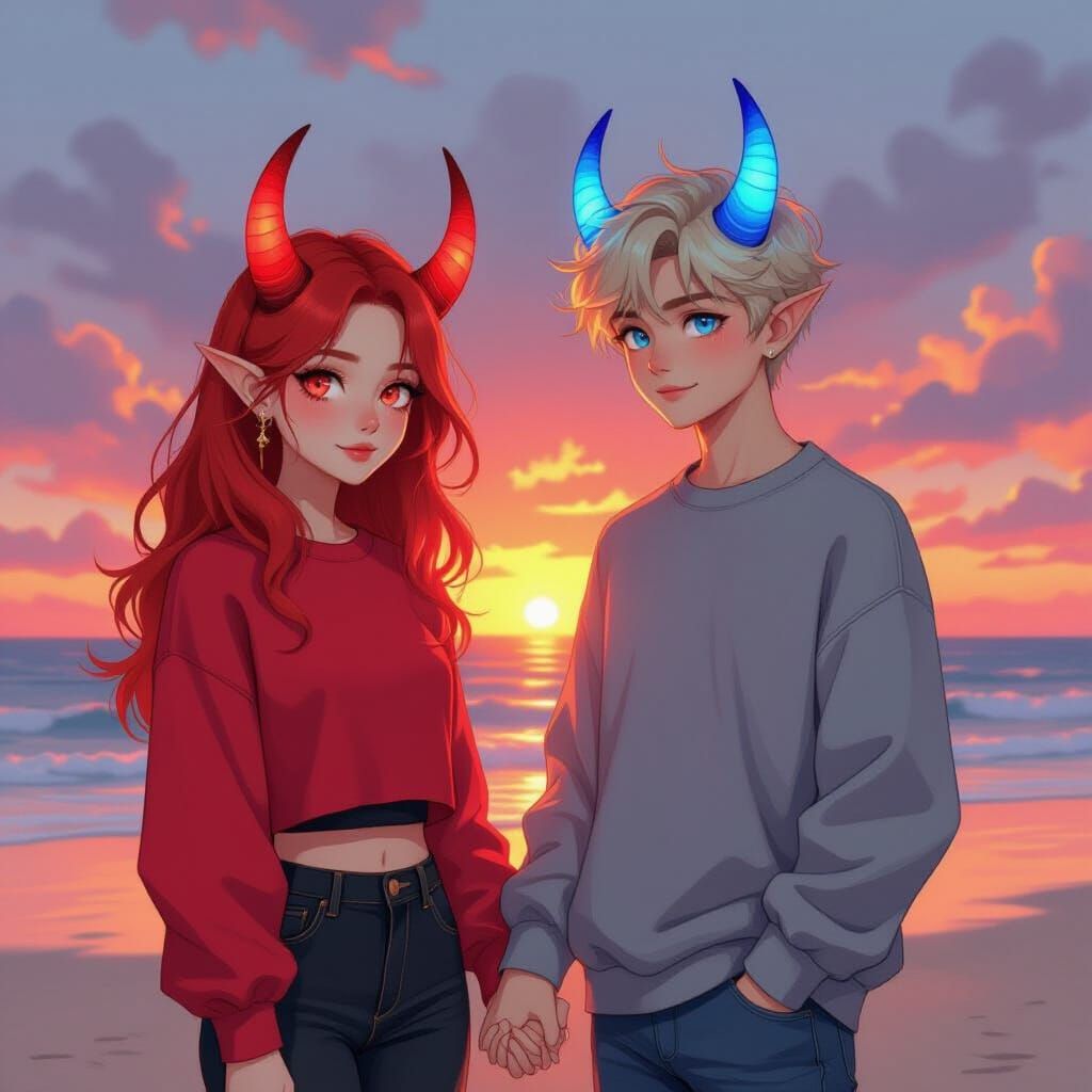 Sunset Beach Scene with Horned Teens in Digital Art Style