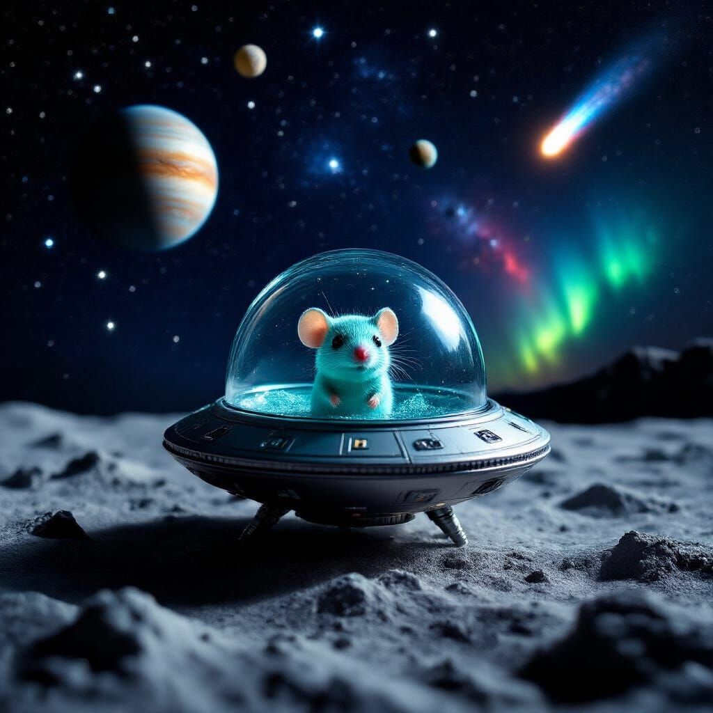 Alien Spaceship with Aqua Mouse on Moon Surface