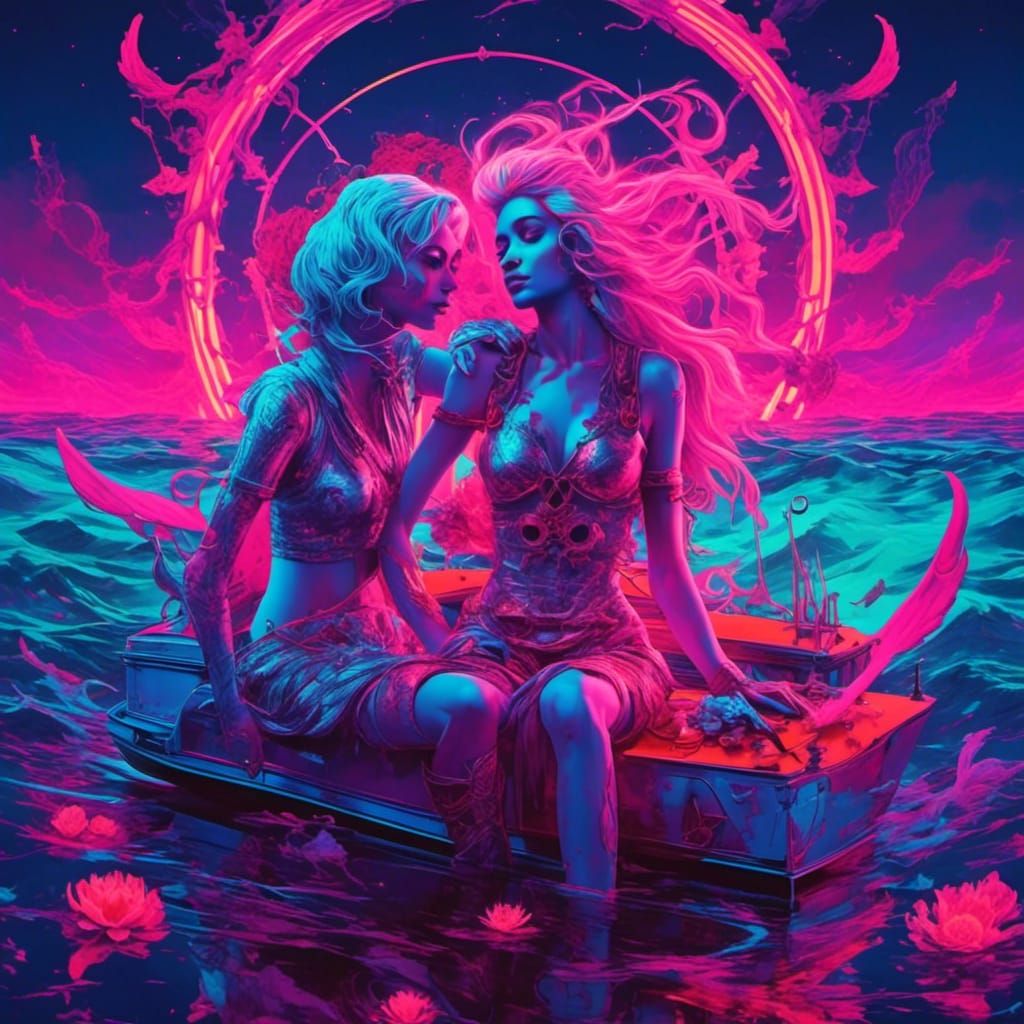 Undead Mermaids Lure Sailors: Synthwave Neon Retro