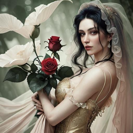 Mysterious Woman with Rose in Misty Forest