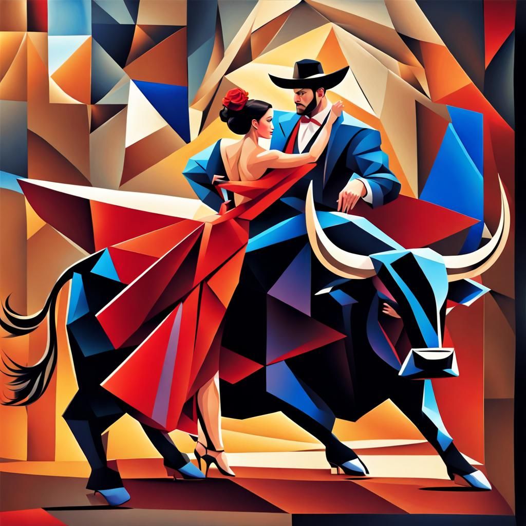 Dynamic scene spanish torero in bullfight  with black longhorned Bull cubism in the style of Georgy Kurasov,  8k resolut...