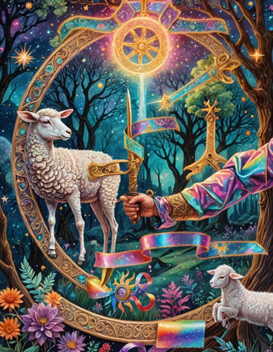 Cosmic Hand with Sword, Astral Holographic Illustration