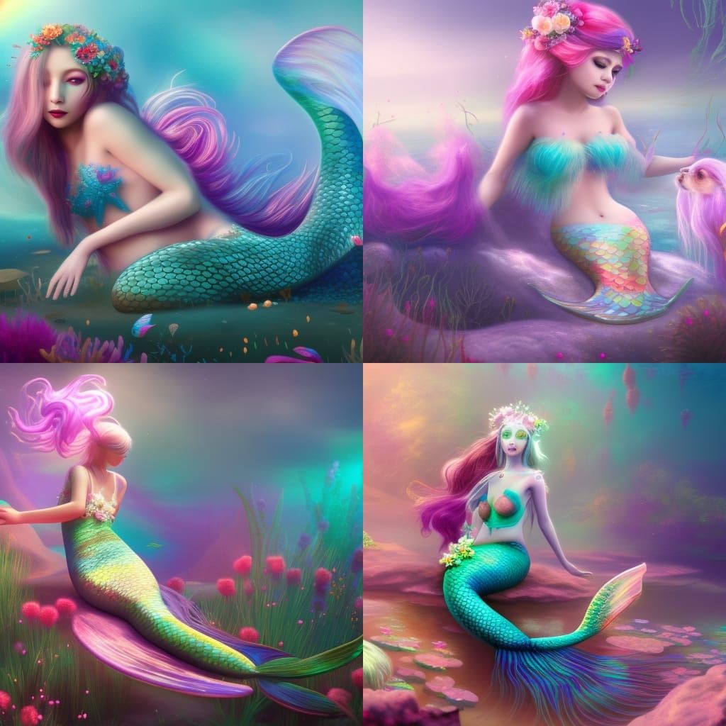 Pastel Mermaid Ghost with Rainbow Puppies